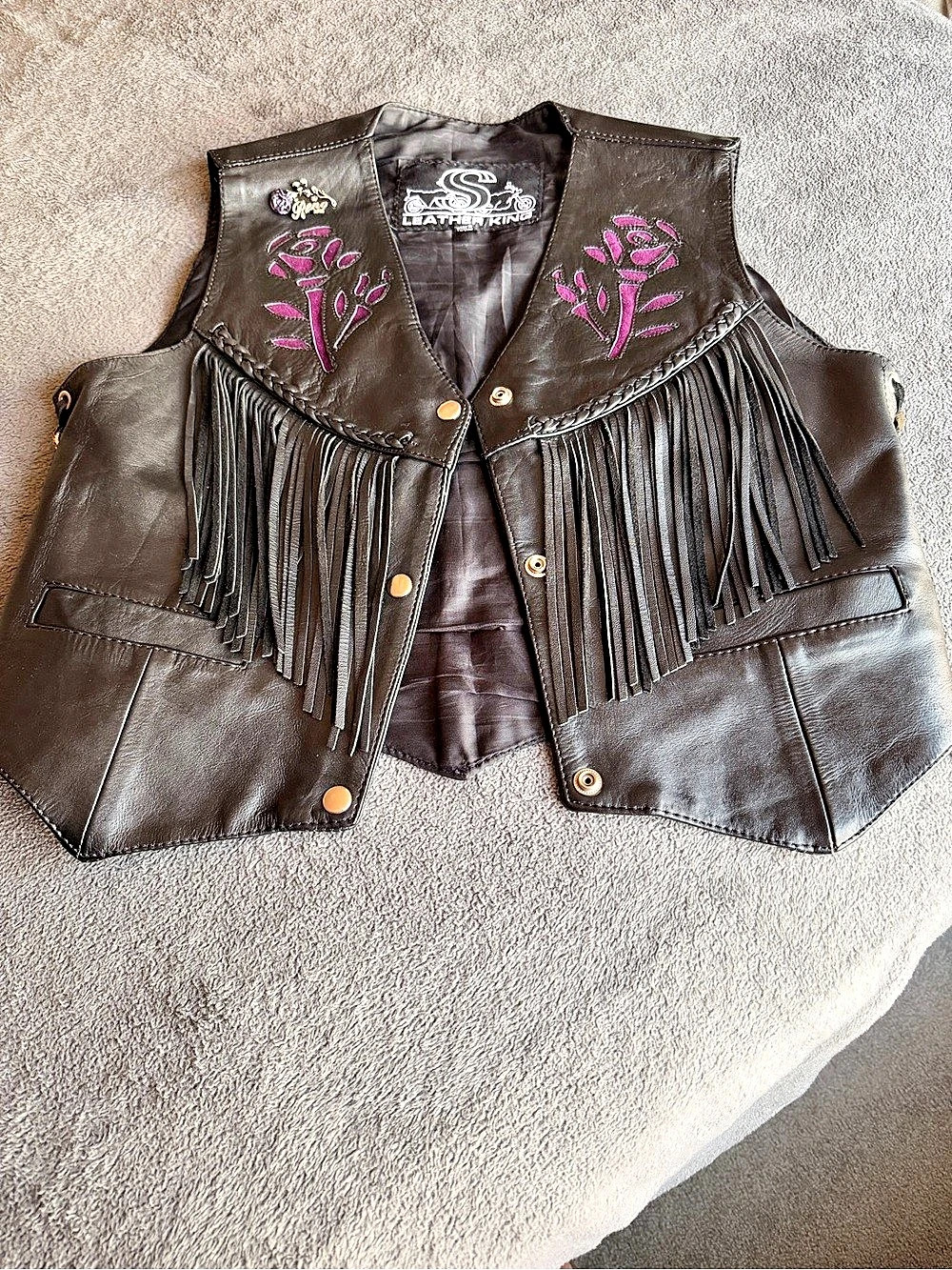 Leather King Fringed Leather Vest in Black & Purple Size Medium